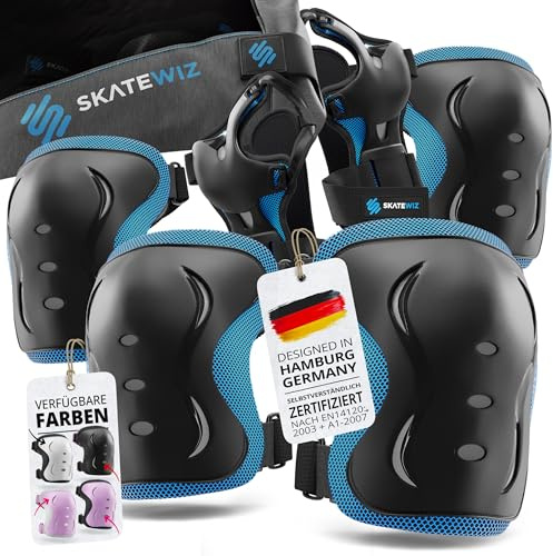 SKATEWIZ Schoner Inliner Kinder Knieschoner Kinder - Knieschützer - Protektoren Set - Knie und Ellenbogenschützer - Skateboard, Rollschuhe, BMX, Scooter - Impact Größe XS Blau
