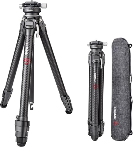 COMAN Zero Y Kamera Stativ Carbon Tripod Fiber mit 360° Panoramakugelkopf und Arca Swiss Videostativ für alle DSRL-Kameras, leichtes Tripod mit 15.3–156.7cm Höhe, Mittelsäule Belastbar bis 18kg