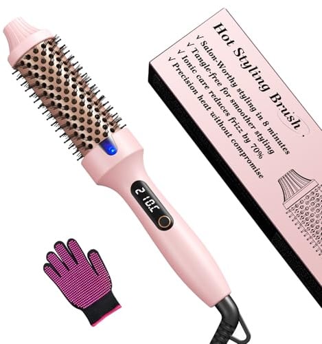 Haokoo Thermal Brush - Thermobürste 38mm für Salon-Styling in 8 Min, Ionische Lockenbürste Reduziert Frizz um 70%, 6 Temperaturstufen mit LED-Display für alle Haartypen geeignet, Doppelspannung, Rosa