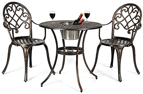 COSTWAY 3-TLG. Gartenmöbel Set, Bistrotisch mit 2 Stühlen, Bistroset mit abnehmbarem Eiskübel, Balkonset, Balkonmöbel aus Aluminiumguss, Terrassenmöbel, Gartengarnitur für Terrasse, Balkon, Garten