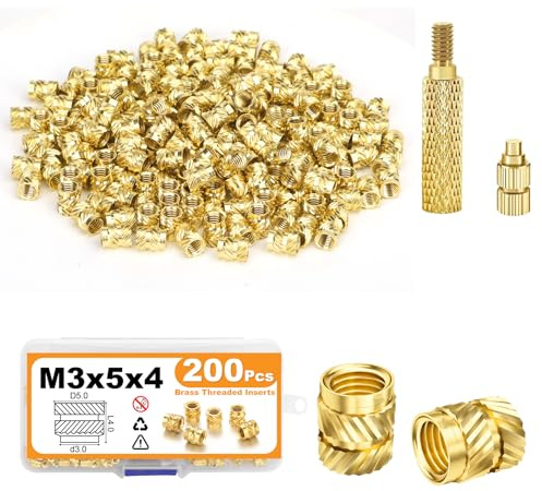 YOMKILU 202 Stück Gewindeeinsatz Set, M3x5x4 Messing Einschmelzgewinde mit Lötkolben Einschmelzhilfe, Gerändelt Einpressmuttern Gewindebuchse Threaded Inserts für 3D-Drucker Kunststoffteile