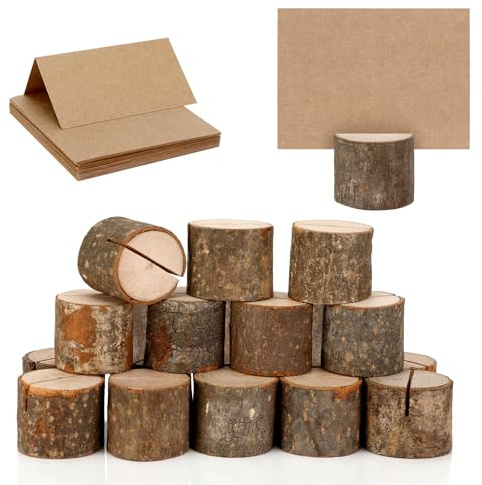 Zikenis 40 Stück Kartenhalter Holz, Tischkartenhalter mit Kraft Papier Karten, Fotohalter, Kartenständer, Postkartenhalter Menükartenhalter, für Hochzeit, Restaurant, Party, Foto, Memo
