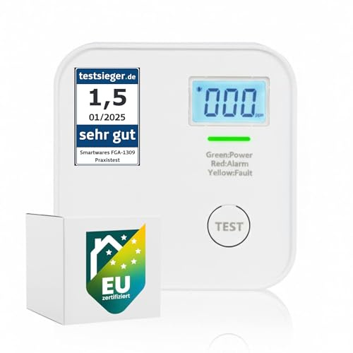Smartwares CO-Melder - 10-Jahres-Batterie - 10 Jahre Lebensdauer - LED-Bildschirm & Anzeige - Testknopf - FGA-13091