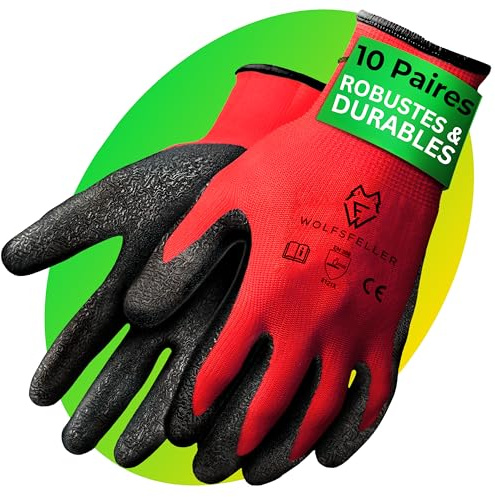 WOLFSFELLER 10 Paar robuste & komfortable Handschuhe Arbeitshandschuhe Herren Gr 10 - Arbeitshandschuhe Damen - Gartenhandschuhe Herren - Mechaniker Handschuhe mit Latex Beschichtung.