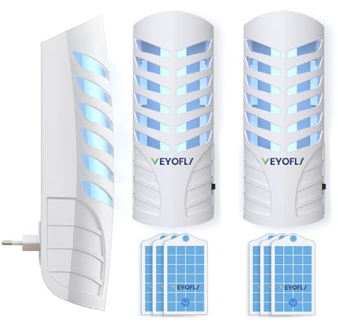 VEYOFLY Fliegenfalle UV, Fruchtfliegenfalle, 2 Geräte + 4 Nachfüllungen | UV-Licht lockt Insekten auf Wechsel-Klebekarten, leise 24/7, Stecker, Innenbereich, ohne Insektenvernichter Elektrisch
