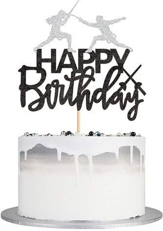 Blumomon 1 Stück Fechten Tortenaufsatz Happy Birthday Zeichen Tortenaufsatz Fechten Spieler Kuchen Dekorationen für Sport Thema Geburtstagsparty Zubehör
