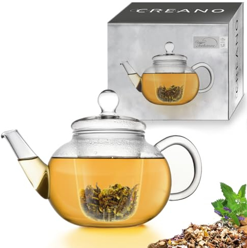 Creano Teekanne aus Glas 1,2l - Glasteekanne mit Glas-Sieb und Deckel - Teepresse ideal zur Zubereitung von Losen Tees - tropffrei