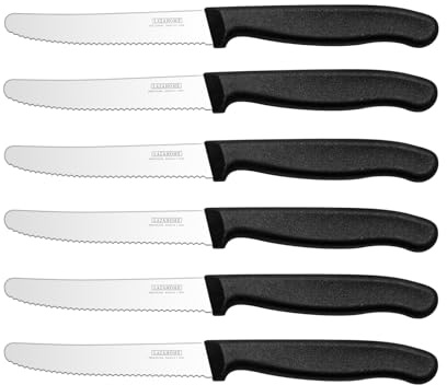 LAZAHOME Frühstücksmesser,Brötchenmesser,Wellenschliff,Scharfe Klinge,11cm,Rostfreier Stahl,Kunststoffgriff,Set 6teilig,Schwarz