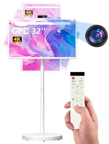 32 Zoll FHD Smart Portable TV auf Rädern,Rolling TV 1080P Android 15 OS | Touchscreen Monitor,6GB RAM + 128GB Speicher, 8MP Kamera, Eingebauter 6–8H Akku,360° Drehbar, Sprachfernbedienung