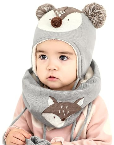 DORRISO Unisex-Baby Jungen Mädchen Mütze Schal Handschuh Set Niedlich Frühling Winter Herbst Beanie Strickmütze Warm Niedlich Klein Fuchs Wintermütze 1-6 Jahre alt