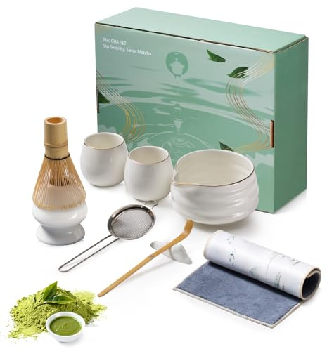 HODUP Matcha Set - 9 Stück Japanisches Tee-Set Inkl Chawan mit Ausgießer, 2 Tassen, Schaufel, Halter, Sieb, Matchabesen das Perfekte Geschenk für Japanische Teezeremonie-Liebhaber