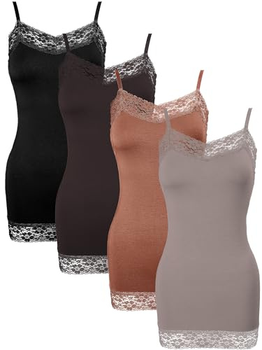 Bencailor 4er-Pack lange Tanktops für Damen, Spitze, Camisole Ausschnitt, Cami, verstellbare Spaghettiträgern, Unterhemden für Damen