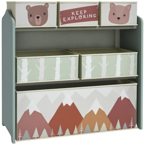 ZONEKIZ Kinderregal mit 6 herausnehmbaren Aufbewahrungsboxen, Grün | Spielzeugregal Bücherregal, Kinderzimmerregal für Kinderzimmer, Kindergarten, Spielzimmer, 63x30x66 cm