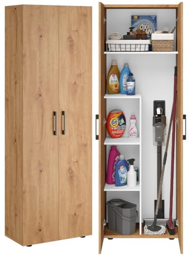 Bellamio Apol Besenschrank 60 cm, Eichenoptik, Staubsaugerfach, Stauraum | Mehrzweckschrank, Vorratsschrank Küche, Putzschrank aus Holz, Flurschrank, Haushaltsschrank, Allzweckschrank, 176x33x60 cm