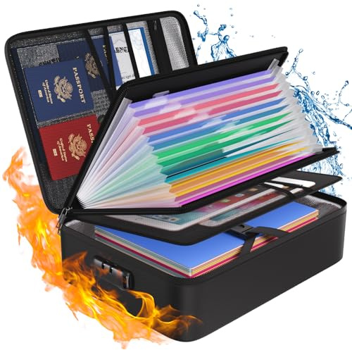 Tamfile 5200℉ Feuerfeste Dokumentenbox, Dokumententasche mit 13 Taschen | Wasserfeste, Akkordeonordner, Dokumenten-Organizer, Tragbare, Aktenaufbewahrungsbox, Fächermappe, Schloss, Etiketten, Schwarz