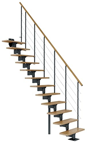 DOLLE Boston Treppe mit Mittelholm, 228–300 cm, 70-cm-Stufen, gerader Lauf | Raumspartreppe innen, volle Eichenstufen lackiert, Einzelstabgeländer mit Holzhandlauf, Unterkonstruktion anthrazit RAL 7016