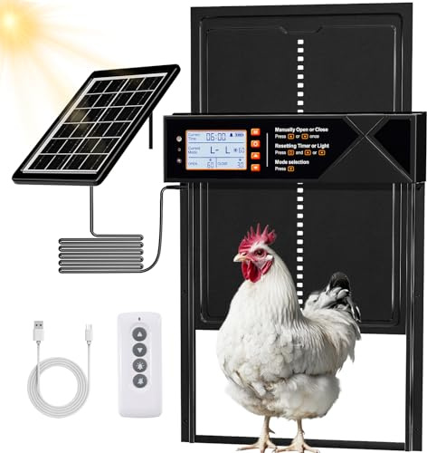 Große Automatische Hühnerklappe Solar, Aluminum Automatisch Hühnerklappe mit Wasserdicht LED Display, Timer, Lichtsensor, Fernbedienung, 4 Modi Elektrische Hühnerstalltür Hühnertür, Einklemmschutz