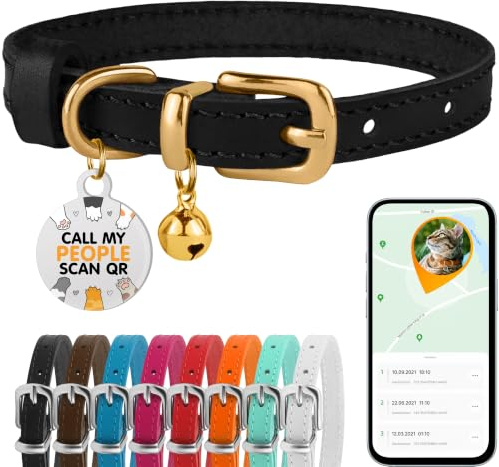 BRONZEDOG Katzenhalsband aus Leder mit Glöckchen, Nicht abreißbar, QR-Tag für Mädchen und Jungen (Schwarz und Gold, 18-23 cm)