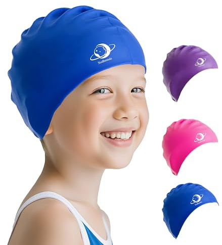 Xcdhemde Badekappe Kinder, Badehaube Kinder Silikon,Schwimmhaube Wasserdicht, Anti-Rutsch Schwimmhaube, Bequem und Weich Schwimmkappe für Jungen und Mädchen- Blau