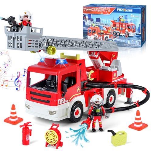 YOOHBERRYS Feuerwehrauto Groß, Feuerwehr Spielzeug mit Licht, Sound, Drehleiter, Feuerwehrauto Leiterfahrzeug mit 2 Feuerwehrleuten, Feuerwehr Auto Rettungsfahrzeug Set Geschenk für Kinder ab 3+ Jahre