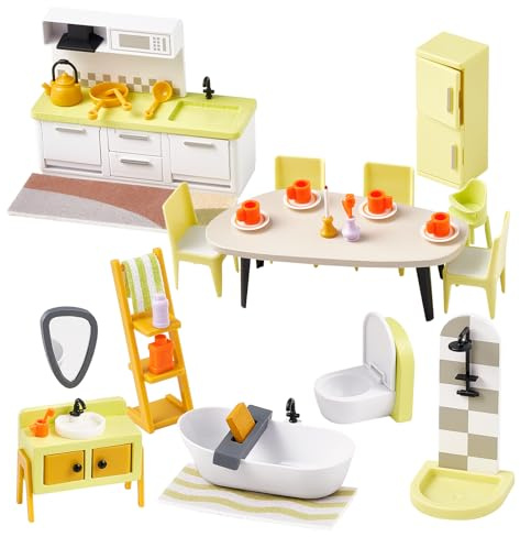 Giant bean Puppenhaus Möbel Set, Küchen und Badezimmer Set aus Holz und Kunststoff, 37 Teiliges Puppenhaus Zubehör Spielzeug für Jungen, Mädchen und Kleinkinder Wooden