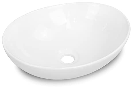 OUUTMEE Keramik Waschbecken Aufsatzwaschbecken Waschtisch oval weiß 41 cm für Badezimmer/Gäste-WC