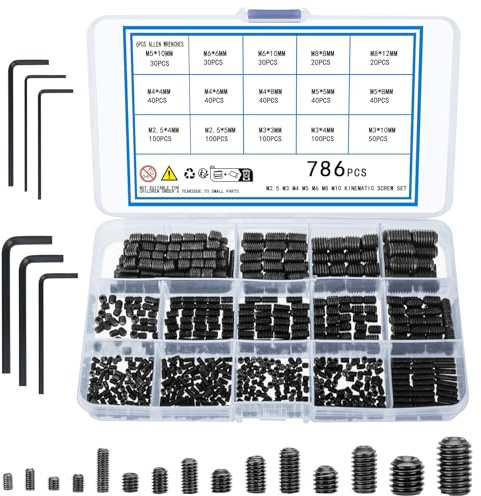 KOXXIAMOQ 786 Stück Metrische Madenschrauben Set, Innensechskant Gewindestifte Schrauben, Sechskantkopf Schrauben Befestigungsteile Kits für Türgriffe, M2.5 M3 M4 M5 M6 M8 (786)