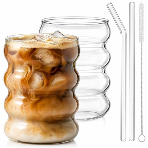 ALINK Wellengläser 2er Set 530 ml mit Glasstrohhalmen, Bubble Glas Eiskaffee Gläser, Wellen Trinkgläser mit Reinigungsbürste, Cocktailgläser für Kaffee, Saft, Smoothie, Dessert, Party