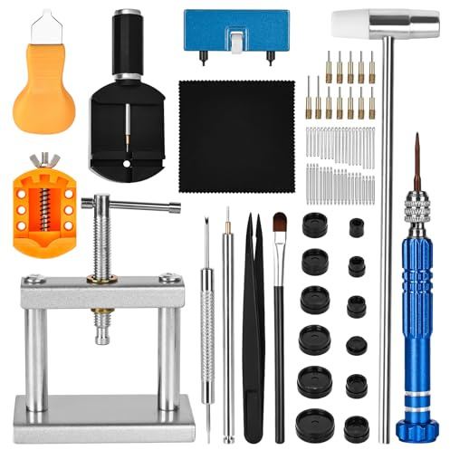 Trendecor Uhrenwerkzeug Set + Uhrenpresse Set, Uhrmacherwerkzeug Einpresswerkzeug Uhrenarmband Kürzen Werkzeug Uhrendeckel öffner für Arten von Uhrenreparaturen und Inbetriebnahmearbeiten