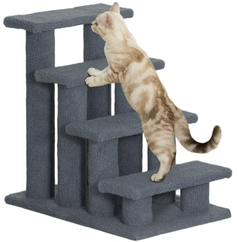 PawHut Katzentreppe 4 Stufen Treppe für Katze 61 x 41 x 60 cm Grau | Haustiertreppe, Hundetreppe, aus Plüsch, für alte Katzen