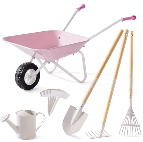 ROBUD Kinderschubkarre Metall mit Gartengeräte Set, 6-teilig Kinderschubkarre mit Langer Schaufel, Rechen, Laubbesen, Gießkanne & Pflanzetiketten, Gartenspielzeug für Jungen Mädchen ab 3 Jahren, Rosa