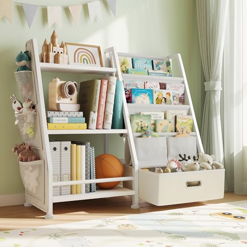 GoTiling Kinder Bücherregal Kinderzimmer Spielzeugregal: Bücherregal mit 1 Aufbewahrungsboxen und 3 Offenen Fächer, Spielzeug-Organizer für Kindergarten, Spielzimmer, Weiß