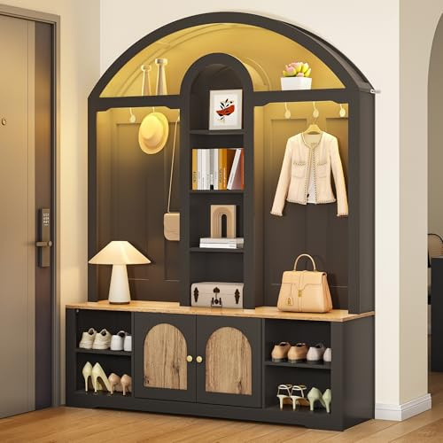 ECLIVON Garderobenset mit LED Lichtleiste und Gewölbedecke, Garderoben Set | Mit Schuhschrank, Wandgarderobe mit Haken, Garderobenschrank mit Türen, Flurgarderobe Set für Flur, 195x150x40 cm, Schwarz