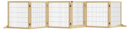 PawHut Absperrgitter Hund Verstellbar Freistehend 70H x 432B cm Naturholz | Schutzgitter mit Füßen, Holz Hundegitter, Klappbar, Treppenschutzgitter, für Treppen Türen Flur Küche, 6 Paneelen
