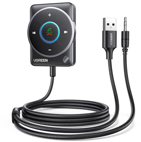 UGREEN Aux Bluetooth 5.4 Adapter Auto Bluetooth 3.5mm Klinke Empfänger Multifunktionstaste für Freisprechanruf und Wireless Musik, Dualverbindung, kompatibel mit Auto Stereoanlage (Schwarz-Upgrade)
