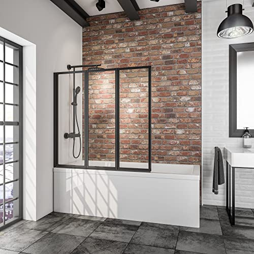 Schulte Duschwand für Badewanne 127x140 cm, 3-teilig, Mattschwarz