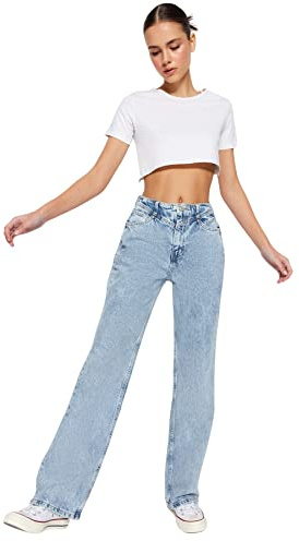 TRENDYOL Damen Jeans E Taille Detaillierte Hohe Taille 90er Jahre Breite Beinjeans