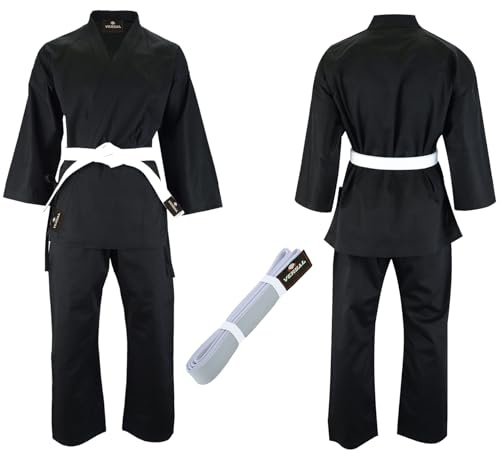 VERSAL Karate-Gi für Kinder/Erwachsene, Karate-Uniform, weiß, 227 g, leichtes Polycotton, Kampfsport-Training, Sparring, Taekwondo-Uniform mit Gürtel, Schwarz , 170 cm