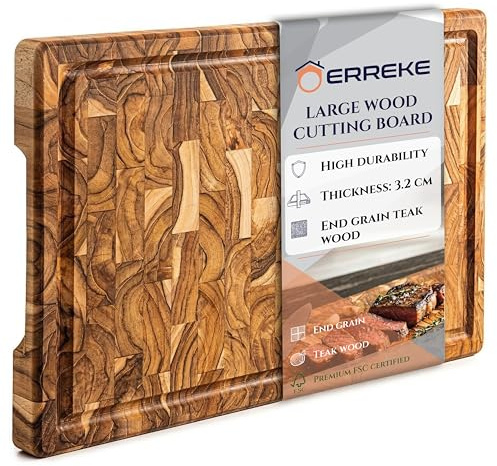 Erreke Schneidebrett Holz 44x29.5x3.2 cm, Holzbrett Küche, End Grain Teakholz, Schneidebrett Holz Gross mit Auffangschale Hirnholz, Käse Brot Hackbretter, Saftrille