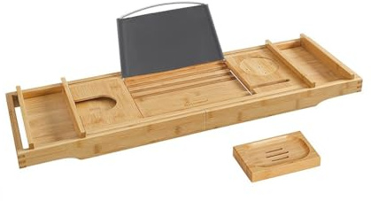 SONGMICS ausziehbare Badewannenablage aus Bambus verstellbares Badewannenbrett Badewannen Ablagen, mit Getränkehalter, Buchstütze, Seifenhalter 75-109 x 4,5 x 23 cm (B x H x T) BCB88Y