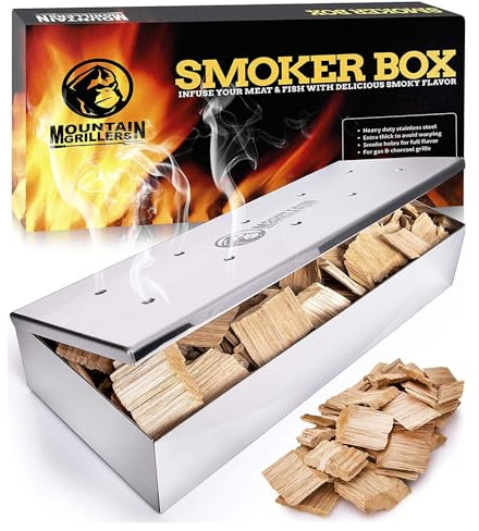 Mountain Grillers Edelstahl Räucherbox für BBQ - Grillspaß mit Aroma - Für Ball, Kohle & Gasgrill - Robustes Grillzubehör zum Räuchern von Chips - Praktischer Klappdeckel