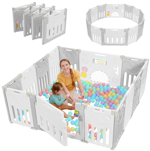 Dripex Laufstall Baby Faltbar, Großes Laufgitter Baby mit verstellbarer Form, Playpen & Laufgitter & -ställe, Erweiterbar mit Tür und Spielbrett für Innen/Außen (14 Panels/150x150cm/GrauWeiß)