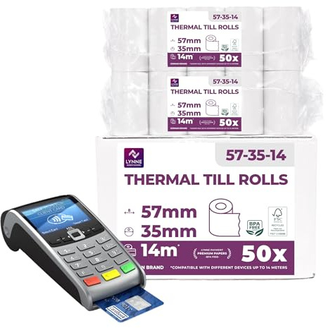 Ec-Cash Thermorollen 57mm x 14m x 12mm - Kassenrollen - Thermopapier - Bonrollen für Bankomat - Kredit-Kartenlesegeräte (57x35x12) (50 Rollen)