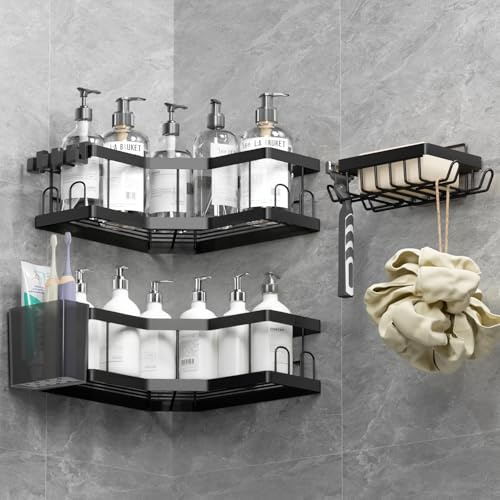 Duschablage Ohne Bohren, 4 Pcs Schwarz (SM+2) Duschregal, Kohlenstoffstahl Badregal mit Kleber, Shampoo Halterung für Dusche, Rostbeständiger Duschkorb, Dusche Halterung Zubehör, Badezimmer Regal