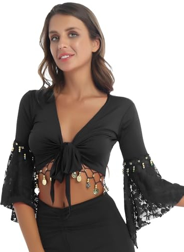 Runhomal Damen Ballet Wickeloberteile Langarm Crop Shirts Bauchtanz Kostüm Bauchfrei Oberteil Crop Top Mit Pailletten Quasten Tanz Kostüm Party Outfits Schwarz L