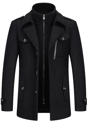 KUDORO Herren Wintermantel Wolle Kurzmantel Herren Wollmantel Mittellang Slim Fit für Business Freizeit Peacoat Herren Casual(Schwarz1,L)