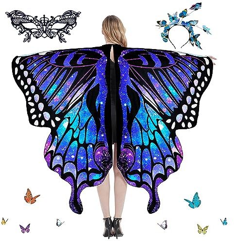 Schmetterlingsflügel Kostüm, Damen Flügel Kostüm Schal, Schmetterlingsschal, Haarreif Schmetterling für Dekoration Damen Erwachsene, Maske, Umhang Schmetterling, für Party, Cosplay Kostüm