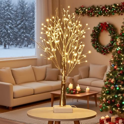 ETONSUNNY Birkenbaum Lichterbaum, 144 Warmweiße LEDs, DIY-Zweige Zusammenklappbar, USB/Batteriebetriebener LED Bäume, Weihnachtsfest Halloween Ostern Deko Wohnzimmer (Goldene)