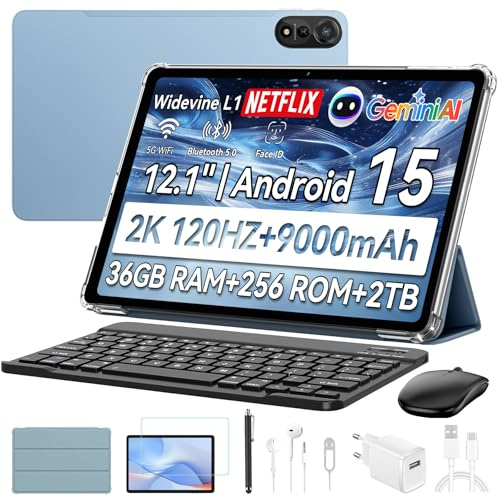 Blackview Mega2 Android 15 Tablet 12 Zoll,36GB+256GB Tablet mit Tastatur,9000mAh,Acht-Kern-Prozessor tablett 4G LTE & 5G WLAN,2K FHD,Widevine L1,Blue