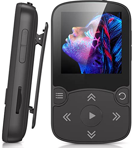 AGPTEK MP3 Player Bluetooth 5.3 Sport 64GB mit 1,5 Zoll TFT Farbbildschirm | Mini Musik Player mit Clip, Unterstützt bis 128GB TF Karte, mit unabhängiger Lautstärketaste, Schwarz